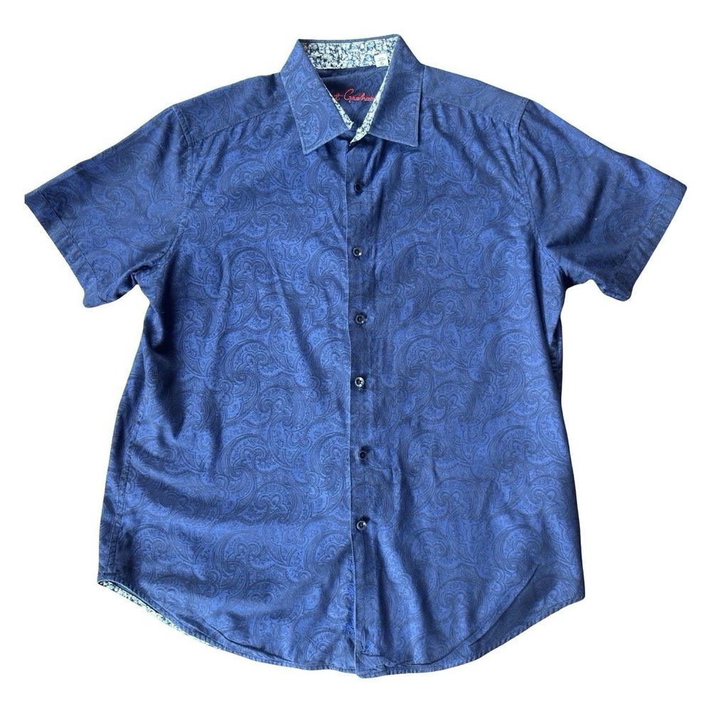 Robert Graham Men's Large Blue Paisley Short Sleeve Button Front Shirt
